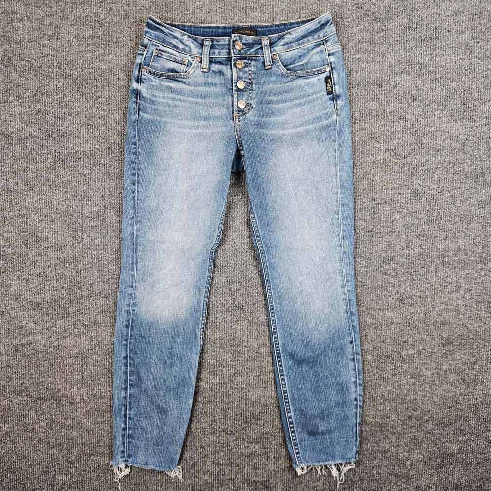 Silver Suki Skinny Crop Jeans Women's 28‎ Mid Rise Med Wash Button Fly Raw Hem